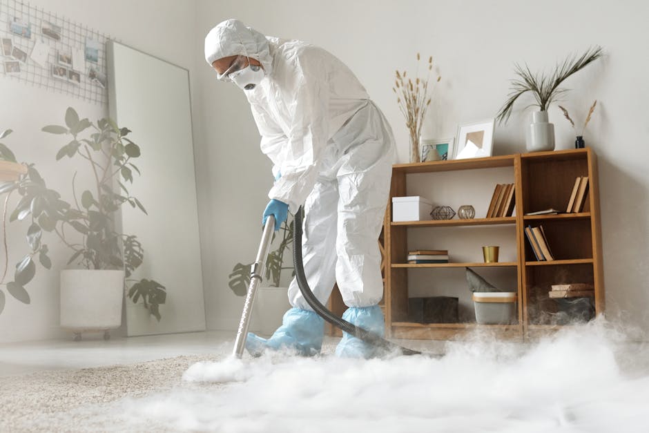 A professional cleaner dressed in full protective white suit, face mask, goggles, and blue gloves is using a vacuum or steam cleaning machine on a beige carpet in a well-lit living room. The room features white walls, a wooden bookshelf with decorative items and books, and potted plants placed on the floor and on top of the bookshelf. The cleaning process appears thorough, with visible steam or dust being handled to ensure surface sanitisation and deep cleaning. The setting indicates a domestic space maintained by Haringey Cleaners, emphasizing hygienic surface cleaning and maintenance.