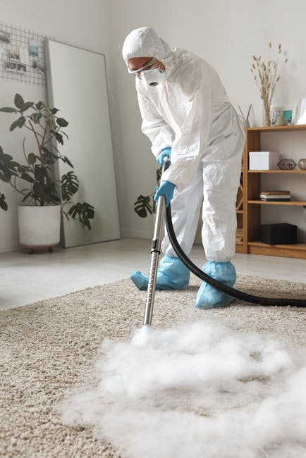 A person dressed in white protective clothing, including a face mask, gloves, and shoe covers, is performing deep cleaning or sanitisation on a light-colored, thick pile carpet in a well-lit living room. The individual is using a professional steam or extraction cleaning tool, with visible steam or cleaning solution on the carpet surface. The room features large potted plants, wooden furniture, and ample natural light from a nearby window, creating a bright and clean environment. The scene emphasizes surface cleaning and hygiene maintenance, aligning with services offered by Haringey Cleaners as highlighted in the page titled 'Crouch End carpet cleaning experts in Haringey N8, HARINGEY'.
