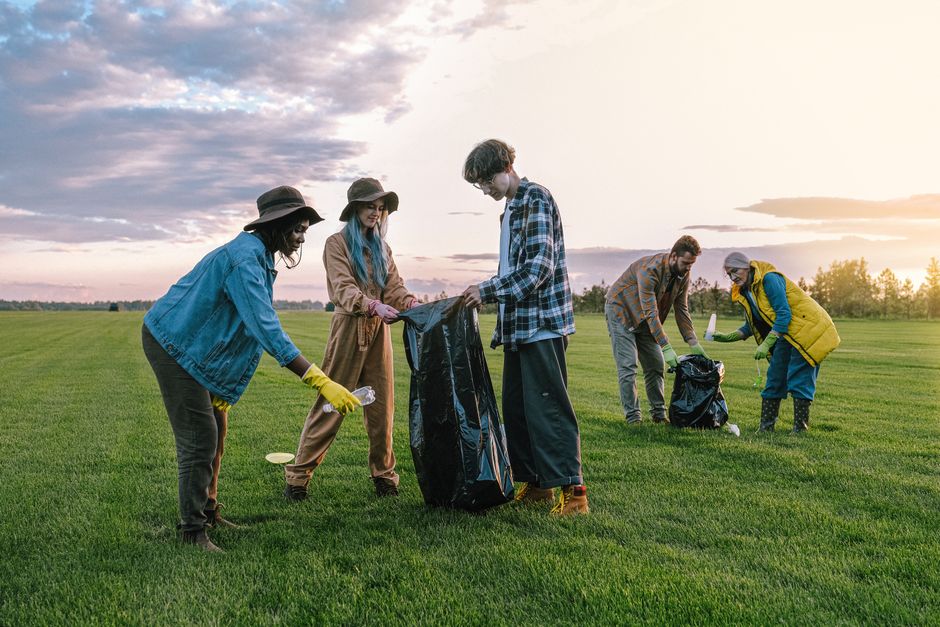 Group of five volunteers across different ages and ethnicities participating in a community cleanup in an open grassy field during sunset. They are involved in various tasks such as collecting litter, picking up trash, and placing waste into large black garbage bags. The scene shows clear, well-maintained green grass, with some scattered litter being gathered. The volunteers are dressed in casual outdoor clothing, including jackets, hats, and gloves, and are actively engaged in promoting environmental hygiene and waste management. The background features a sky with soft clouds illuminated by the setting sun, creating a warm atmosphere. This community effort highlights environmental sanitation and proactive waste removal, aligning with Haringey council waste rules for cleaning teams, as promoted by Haringey Cleaners, a professional cleaning company specializing in surface cleaning, deep cleaning, and sanitisation.